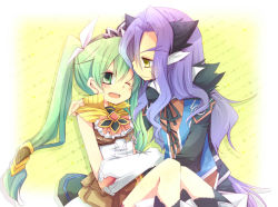 Rule 34 | 1boy, 1girl, animal ears, ascot, blue hair, couple, diras, eggcn bk, forked eyebrows, frey (rune factory), gloves, gold trim, green eyes, green hair, harvest moon, horse girl, jewelry, long hair, one eye closed, open mouth, rune factory, rune factory 4, sleeveless, smile, thick eyebrows, tiara, twintails, wink, yellow eyes