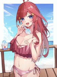 Rule 34 | 1girl, absurdres, ahoge, bare arms, bare shoulders, bikini, blue eyes, blush, border, breasts, cleavage, collarbone, cowboy shot, food, go-toubun no hanayome, hair ornament, highres, holding, holding spoon, incoming food, large breasts, long hair, looking at viewer, nakano itsuki, navel, ocean, open mouth, outside border, rakuna gaku, red bikini, red hair, shaved ice, side-tie bikini bottom, sky, solo, spoon, star (symbol), star hair ornament, swimsuit, white border