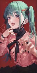 Rule 34 | 1girl, absurdres, black nails, blush, character request, commentary request, ear piercing, fangs, green eyes, grey hair, hair ornament, hatsune miku, heart, heart hair ornament, highres, jewelry, long hair, long sleeves, looking at viewer, mask, mouth mask, myowa, nail polish, piercing, ribbon, ring, simple background, solo, twintails, vampire, vampire (vocaloid), vocaloid