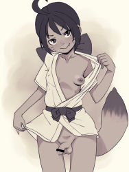 Rule 34 | 1futa, bakumatsu rouman, bar censor, bow, breasts, censored, clothes lift, clothing aside, dripping, fang, fox boy, fox tail, futanari, genderswap, hair bow, ichijou akari, japanese clothes, kimono, large bow, lifting own clothes, looking at viewer, monochrome, nipples, no pants, penis, precum, presenting, simple background, small breasts, snk, standing, stupa13a, tail, testicles, whiskers