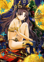 Rule 34 | 1girl, bare shoulders, box, bra, brown eyes, brown hair, christmas, christmas tree, closed mouth, commentary, crown, dan evan, earrings, english commentary, english text, fate/grand order, fate (series), from side, gift, highres, hoop earrings, ishtar (fate), jewelry, knee up, long hair, looking at viewer, merry christmas, navel, on box, panties, parted bangs, sitting, sitting on box, smile, solo, star (symbol), tohsaka rin, underwear, white bra