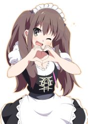 Rule 34 | 10s, 1girl, apron, blush, breasts, brown hair, cleavage, green eyes, heart, heart hands, highres, hoppege, long hair, looking at viewer, maid, maid apron, maid headdress, okamoto miyu, one eye closed, open mouth, skirt, smile, solo, twintails, wake up girls!