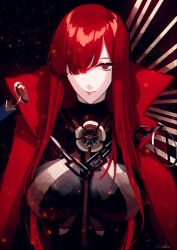 Rule 34 | 1girl, absurdres, black background, chain, fate/grand order, fate (series), flower, hair over one eye, highres, long hair, looking at viewer, oda nobunaga (fate), oda nobunaga (maou avenger) (fate), red eyes, red hair, shadow, signature, solo, upper body, yomiya sateko
