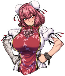 Rule 34 | 1girl, bandaged arm, bandages, blush, breasts, bun cover, chinese clothes, cuffs, double bun, flower, hands on own hips, ibaraki kasen, large breasts, pink flower, pink hair, pink rose, puffy short sleeves, puffy sleeves, red eyes, rose, shackles, short hair, short sleeves, smile, solo, spacezin, tabard, touhou, upper body, white background