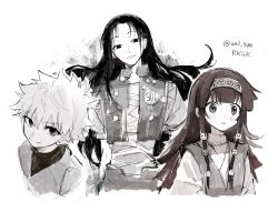 Rule 34 | 1girl, 2boys, alluka zoldyck, blush, brown hair, closed mouth, dango (uni 520), ears visible through hair, fang, fang out, frown, hair between eyes, hairband, half-closed eyes, highres, hunter x hunter, illumi zoldyck, killua zoldyck, long hair, looking at viewer, messy hair, multiple boys, parted lips, sketch, smile, spot color, twitter username, wide-eyed