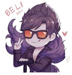 Rule 34 | 1boy, belial (granblue fantasy), black hair, black jacket, character name, feather boa, granblue fantasy, heart, highres, jacket, kishire0324, male focus, motor vehicle, on scooter, partially unbuttoned, scooter, short hair, solo, sunglasses, tongue, tongue out, upper body, v