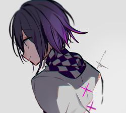 Rule 34 | black hair, checkered clothes, checkered scarf, closed mouth, danganronpa (series), danganronpa v3: killing harmony, from side, grey background, grey jacket, grey scarf, hair between eyes, huyuharu0214, jacket, long sleeves, male focus, oma kokichi, pink hair, profile, purple scarf, scarf, short hair, simple background, smile, solo, upper body