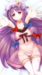 Rule 34 | 1girl, breasts, crescent, garter straps, hair ribbon, hat, heart, heart-shaped pupils, highres, large breasts, long hair, looking at viewer, lying, on back, outstretched arms, patchouli knowledge, purple hair, ribbon, see-through, smile, solo, sorano (12gou), symbol-shaped pupils, thighhighs, touhou, white thighhighs