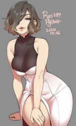 Rule 34 | 1girl, 2020, agawa ryou, bare shoulders, black hair, breasts, brown eyes, commentary, curvy, dated, dress, grey background, hair over one eye, large breasts, looking at viewer, original, short hair, signature, simple background, solo, thick thighs, thighs, white dress