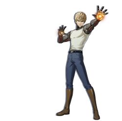 Rule 34 | 1boy, black sclera, blonde hair, boots, colored sclera, concept art, cyborg, earrings, genos, highres, jewelry, official art, one-punch man, serious, simple background, spiked hair, yellow eyes