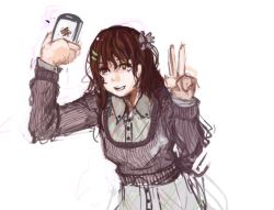 Rule 34 | 1girl, brown hair, butterfly hair ornament, buttons, cellphone, dress, hair ornament, hairclip, long hair, panties (pantsu-pirate), phone, ribbed sweater, selfie, sketch, smartphone, smile, solo, sweater, v, white background, yellow eyes
