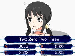 Rule 34 | 1girl, 2023, aiu404l, black eyes, black hair, confused, dress, egg (aiu404l), english text, eyebrows hidden by hair, hair ribbon, long hair, original, quiz, ribbon, solo, sweat, twintails, white dress, who wants to be a millionaire