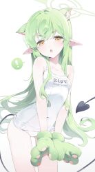 Rule 34 | !, 1girl, absurdres, animal ears, animal hands, blue archive, breasts, demon tail, gloves, gradient background, green gloves, green hair, green halo, grey background, halo, highres, hikari (blue archive), kemonomimi mode, long hair, looking at viewer, meunhongcha, one-piece swimsuit, open mouth, paw gloves, pointy ears, school swimsuit, small breasts, solo, spoken exclamation mark, swimsuit, tail, white background, white one-piece swimsuit, yellow eyes