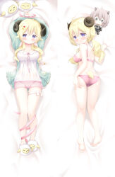 Rule 34 | 1girl, ahoge, animal ears, animal slippers, aqua jacket, arms up, ass, bare arms, bare legs, bare shoulders, barefoot, bed sheet, blonde hair, blush, bra, camisole, character doll, closed mouth, commission, dakimakura (medium), frilled jacket, frills, hair between eyes, highres, hololive, horns, jacket, long hair, multiple views, open clothes, open jacket, panties, parted lips, pink bra, pink panties, pink shorts, purple eyes, renew vivi, sheep ears, sheep girl, sheep horns, sheep tail, shishiro botan, short shorts, shorts, slippers, smile, tail, tsunomaki watame, tsunomaki watame (loungewear), underwear, underwear only, very long hair, virtual youtuber, wavy mouth, white camisole, white footwear