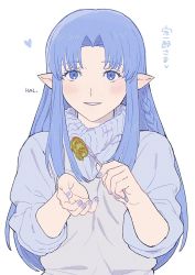 Rule 34 | 1girl, alternate costume, artist name, blue eyes, blue hair, blue nails, blush, cowboy shot, fate/stay night, fate (series), feeding, food request, grey shirt, hal (haaaalhal), heart, highres, long hair, looking at viewer, medea (fate), nail polish, pointy ears, shirt, smile, solo, sweater, translation request, turtleneck, turtleneck sweater, white background