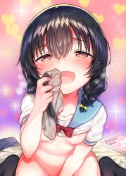 Rule 34 | 1girl, :d, bed sheet, black hair, black socks, blue sailor collar, blush, bottomless, bow, bowtie, braid, breasts, collarbone, commentary request, groin, hair between eyes, hair bow, hair over shoulder, heart, holding, ichihaya, leaning forward, long hair, low twintails, male underwear, navel, nipples, no shoes, open mouth, original, out-of-frame censoring, red bow, red bowtie, red eyes, sailor collar, school uniform, serafuku, small breasts, smelling, smelling clothes, smelling underwear, smile, socks, solo, sparkle, twin braids, twintails, underwear, yellow bow