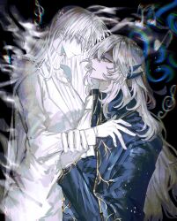 Rule 34 | 1boy, 1girl, angelica (project moon), argalia (project moon), ascot, blue cape, blue eyes, blue jacket, brother and sister, cape, closed mouth, ghost, gold trim, haloyxxxxxxx, highres, holding another&#039;s wrist, jacket, library of ruina, long hair, long sleeves, music, parted lips, project moon, siblings, sidelocks, smile, spoilers, sweater, upper body, very long hair, white ascot, white hair, white jacket, white sweater
