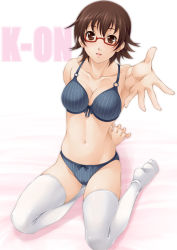 Rule 34 | 00s, 1girl, arm support, blue bra, blue panties, bow, bow bra, bra, breasts, brown eyes, brown hair, cleavage, foreshortening, glasses, k-on!, large breasts, lingerie, looking at viewer, manabe nodoka, mukunokino isshiki, navel, no shoes, o-ring, o-ring top, outstretched arm, outstretched hand, panties, parted lips, reaching, red-framed eyewear, semi-rimless eyewear, shiny skin, short hair, skindentation, solo, thighhighs, under-rim eyewear, underwear, underwear only, white thighhighs