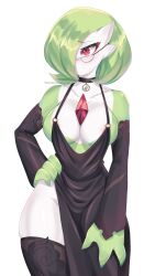 1girl areola_slip artist_name black_choker black_dress black_sleeves black_thighhighs blush bob_cut breasts choker clothed_pokemon colored_skin commission creatures_(company) detached_sleeves dress game_freak gardevoir gen_3_pokemon glasses green_hair green_skin hair_over_one_eye hand_on_own_hip helenwoodsr highres large_breasts mega_stone multicolored_skin nintendo pink_eyes pokemon pokemon_(creature) side_slit simple_background thighhighs two-tone_skin white_background white_skin