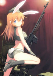 Rule 34 | 1girl, absurdres, animal ears, ass, automatic rifle, bare shoulders, blue eyes, blush, body blush, boots, breasts, browning automatic rifle, charlotte e. yeager, crop top, cross-laced footwear, gun, high heel boots, high heels, highres, holding, holding gun, holding weapon, lace-up boots, light machine gun, long hair, looking back, m1918 bar, machine gun, medium breasts, non-web source, orange hair, rabbit ears, rabbit girl, rabbit tail, scan, shimada fumikane, short shorts, shorts, smile, solo, squad automatic weapon, strike witches, tail, weapon, world witches series