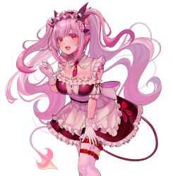 Rule 34 | 1girl, nanashi inc., absurdres, breasts, demon tail, detached collar, dress, frilled hairband, frills, futayamam2, gloves, hairband, hand on own thigh, hand up, highres, honey strap, large breasts, leaning forward, long hair, necktie, open mouth, pink hair, pointy ears, red eyes, short dress, simple background, solo, standing, suou patra, tail, thigh strap, twintails, virtual youtuber, white background, white gloves
