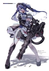Rule 34 | 1girl, ammunition belt, apron, blood, blood on clothes, blood on face, breasts, chainsaw grip, cleavage, cleavage cutout, clothing cutout, fingerless gloves, gatling gun, gloves, gun, highres, holding, holding gun, holding weapon, huge weapon, m134 minigun, machine gun, maid, maid apron, maid headdress, medium machine gun, minigun, original, rotary machine gun, sayuna sr, shell casing, side slit, slit, smoke, smoking gun, solo, twintails, underboob, underboob cutout, weapon