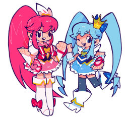 Rule 34 | 10s, 2girls, :d, ;d, aino megumi, bitz777, blue eyes, blue hair, blue legwear, boots, bow, chibi, crown, cure lovely, cure princess, dress, earrings, hair bow, hair ornament, hair ribbon, happinesscharge precure!, jewelry, long hair, magical girl, multiple girls, neck ribbon, necktie, one eye closed, open mouth, pink eyes, pink hair, ponytail, precure, puffy short sleeves, puffy sleeves, ribbon, shirayuki hime, short sleeves, skirt, smile, thigh boots, thighhighs, twintails, vest, white background, wink, wrist cuffs
