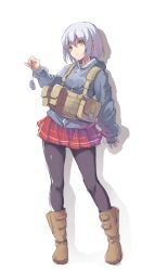 Rule 34 | 10s, 1girl, boots, contrapposto, date a live, dog tags, full body, holding, long sleeves, looking at viewer, nightmaremk2, pantyhose, plaid, plaid skirt, red skirt, short hair, silver hair, skirt, solo, standing, tobiichi origami, white background, yellow eyes