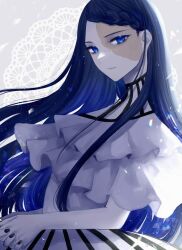 Rule 34 | 1girl, ado (utaite), black nails, blue eyes, blue hair, braid, braided bangs, closed mouth, cloud nine inc, commentary request, dress, floating hair, gira gira, interlocked fingers, light particles, long hair, looking at viewer, nail polish, own hands together, shouzai (ooo1007ooo), solo, upper body, white dress