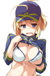 Rule 34 | 1girl, ahoge, artoria pendragon (fate), baseball cap, between breasts, bikini, blonde hair, blue eyes, blue hat, blush, breasts, cleavage, commentary request, cum, cum on body, cum on breasts, cum on clothes, cum on upper body, fate/grand order, fate (series), hair between eyes, hair through headwear, hat, highres, large breasts, long hair, looking at viewer, mysterious heroine x (fate), mysterious heroine xx (fate), open mouth, ponytail, shikei, shrug (clothing), side-tie bikini bottom, simple background, solo, swimsuit, tears, valentine, white background, white bikini