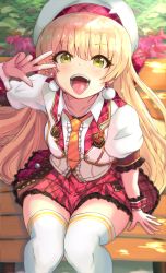 Rule 34 | 1girl, beret, blonde hair, blush, chain, collarbone, earrings, eyelashes, green eyes, hand gesture, hat, highres, hip focus, idolmaster, idolmaster cinderella girls, idolmaster cinderella girls starlight stage, jewelry, jougasaki rika, long hair, looking at viewer, necktie, open mouth, outdoors, pin, plaid, plaid skirt, puffy short sleeves, puffy sleeves, red skirt, shirt, short sleeves, sitting, skirt, solo, sparkle, sunlight, thighhighs, thighs, toho (kihon ha yappa), tongue, tongue out, w, white shirt, white thighhighs, wrist cuffs, yellow necktie
