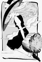 1girl :d apron bow braid broom broom_riding commentary commission frilled_socks frills greyscale hat hat_bow highres kirisame_marisa large_hat long_hair looking_at_viewer monochrome open_mouth shirt short_sleeves simple_background skirt smile socks solo touhou vest wind witch_hat ya_si0