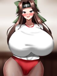 Rule 34 | 1girl, breasts, brown eyes, brown hair, buruma, cleavage, cleft of venus, gigantic breasts, gym uniform, highres, huge breasts, jintsuu (kancolle), kantai collection, long hair, shirt, smile, thick thighs, thighs, tokuchukancoll, white shirt, wide hips