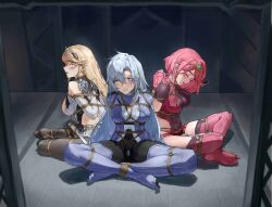 Rule 34 | 3girls, a (xenoblade), absurdres, arms behind back, bare shoulders, bdsm, black thighhighs, blonde hair, blue eyes, blush, bondage, bound, bound ankles, bound arms, bound legs, bound wrists, commission, covered navel, dress, fingerless gloves, gloves, grey hair, highres, hitachi magic wand, in locker, jewelry, locker, long hair, looking at viewer, multiple girls, mythra (xenoblade), no shoes, pantyhose, pink eyes, pink hair, pyra (xenoblade), restrained, reverse prayer, rope, sex toy, shibari, shibari over clothes, short hair, short shorts, shorts, skirt, taiyi, thighhighs, tiara, vibrator, xenoblade chronicles (series), xenoblade chronicles 2, yellow eyes