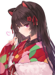 Rule 34 | 1girl, absurdres, animal ears, black hair, closed mouth, commentary request, dog ears, floral print, flower, fur trim, green kimono, hair ornament, heterochromia, highres, inui toko, japanese clothes, kei-chan (ultimatekeichan), kimono, long hair, long sleeves, looking at viewer, multicolored clothes, multicolored kimono, nail polish, nijisanji, pink kimono, pink nails, print kimono, red eyes, red flower, red kimono, red ribbon, ribbon, smile, solo, upper body, virtual youtuber, white background, wide sleeves