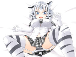 Rule 34 | 1girl, animal ear fluff, animal ears, bad anatomy, bed, black hair, blue eyes, blush, breasts, commentary, commentary request, elbow gloves, fang, garter belt, garter straps, gloves, grey panties, highres, kemono friends, large breasts, lingerie, looking at viewer, lying, midriff, miniskirt, multicolored hair, navel, necktie, on bed, open mouth, panties, plaid, plaid necktie, plaid neckwear, plaid skirt, shirt, short hair, skirt, solo, sora (sunday sky), spread legs, striped clothes, striped panties, tail, thighhighs, tiger ears, tiger tail, underwear, white gloves, white hair, white thighhighs, white tiger (kemono friends)