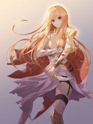 Rule 34 | 1girl, absurdres, armor, blonde hair, bracer, breasts, brown eyes, cape, cleavage, dagger, dual wielding, garter straps, gradient background, grey background, highres, holding, knife, long hair, parted lips, purple skirt, red cape, skirt, solo, standing, thighhighs, weapon, yagyun