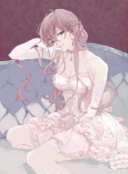 Rule 34 | 1girl, ahoge, bare shoulders, blue eyes, breasts, brown hair, cleavage, couch, dress, earrings, elbow gloves, gloves, hair between eyes, hair ribbon, highres, ichinose shiki, idolmaster, idolmaster cinderella girls, jewelry, lace, lace-trimmed dress, lace trim, long hair, looking at viewer, medium breasts, nininiwa2, pink dress, pink ribbon, ribbon, sitting, sleeveless, sleeveless dress, smile, solo, wavy hair, white gloves