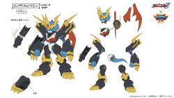 arm_cannon armor black_armor character_sheet claw_(weapon) copyright_name crotch_plate digimon digimon_adventure_02 highres humanoid_robot imperialdrago medarot medarot_s official_art red_wings robot shoulder_armor simple_background tyuga weapon white_background wings