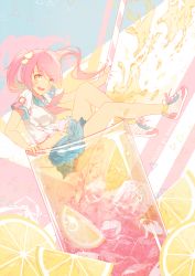 Rule 34 | 1girl, :d, bad id, bad pixiv id, blue skirt, blush, breasts, commentary, cup, drinking straw, floating hair, food, fruit, glass, hair ornament, hair scrunchie, ice, iced tea, in container, in cup, lemon, lemon slice, long hair, medium breasts, mini person, minigirl, neckerchief, open mouth, original, pink hair, pleated skirt, rimuu, school uniform, scrunchie, serafuku, shadow, shoes, short sleeves, skirt, smile, sneakers, solo, spilling, teeth, triangle, twintails, yellow eyes