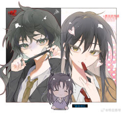 3girls bandaid bandaid_on_cheek bandaid_on_face black_hair black_hoodie blush brown_hair brown_necktie chinese_text closed_eyes collared_shirt degrees_of_lewdity dual_persona green_eyes grey_shirt half_updo heart highres holding holding_marker hood hood_down hoodie kylar_(degrees_of_lewdity) kylar_(female)_(degrees_of_lewdity) long_hair marker messy_hair multiple_girls necktie player_character_(degrees_of_lewdity) red_necktie shirt short_twintails straight_hair translation_request twintails weibo_7763447459