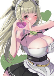 Rule 34 | 1girl, 403 oekaki suke, ;), antenna hair, apron, arm cuffs, ascot, black skirt, blush, breast strap, breasts, button gap, cleavage, closed mouth, clothes writing, detached collar, double bun, goddess of victory: nikke, green ascot, hair bun, hair ornament, hair ribbon, hairclip, heart, heart antenna hair, heart hands, highres, huge breasts, light green hair, lips, long hair, looking at viewer, maid, maid apron, maid headdress, mole, mole on breast, one eye closed, pink eyes, pleated skirt, ribbon, skirt, sleeveless, smile, soda (nikke), solo, white apron