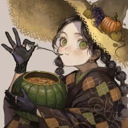 Rule 34 | 1girl, black gloves, black hair, check copyright, copyright request, earrings, eating, food, fruit, gloves, grapes, green eyes, highres, holding, holding food, jewelry, leaf, long hair, long sleeves, looking at viewer, multiple rings, original, pumpkin, ring, sayoko (sayosny2), simple background, solo, spoon, twintails, upper body