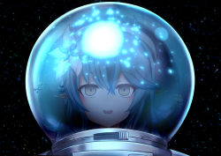 Rule 34 | 1girl, blue hair, blush, elf, hololive, nawate (dij), outer wilds, pointy ears, reflection, smile, solo, space, spacesuit, supernova (star), upper body, virtual youtuber, yellow eyes, yukihana lamy