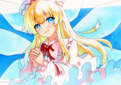 Rule 34 | 1girl, blonde hair, blue eyes, blush, capelet, dress, fairy, fairy wings, frilled sleeves, frills, hat, highres, lily white, long hair, long sleeves, open mouth, qqqrinkappp, smile, solo, touhou, traditional media, upper body, white capelet, white dress, white hat, wide sleeves, wings
