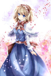 Rule 34 | 1girl, alice margatroid, bad id, bad pixiv id, blonde hair, blue dress, blue eyes, book, bow, capelet, dress, female focus, frills, gradient background, hairband, nanase nao, nature, outdoors, petals, plant, short hair, sky, solo, touhou, white background