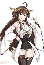 Rule 34 | 1girl, ahoge, black skirt, black thighhighs, boots, brown eyes, brown hair, commentary request, cowboy shot, dated, detached sleeves, double bun, frilled skirt, frills, hair bun, hairband, headgear, kantai collection, kongou (kancolle), kongou kai ni (kancolle), long hair, looking at viewer, masara (chuujou), one-hour drawing challenge, pleated skirt, ribbon-trimmed sleeves, ribbon trim, skirt, smile, solo, standing, thigh boots, thighhighs, twitter username