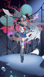 Rule 34 | 1girl, absurdres, bare shoulders, blue background, blue eyes, blue footwear, blue hair, blue skirt, blurry, boots, cape, chinese commentary, commentary request, corset, depth of field, detached sleeves, fortissimo, full body, gloves, hair ornament, highres, holding, holding sword, holding weapon, looking at viewer, magical girl, mahou shoujo madoka magica, mahou shoujo madoka magica (anime), miki sayaka, musical note, musical note hair ornament, oktavia von seckendorff, outstretched arm, petals, short hair, skirt, solo, standing, sword, thighhighs, torn cape, torn clothes, tuyutuan, water drop, weapon, white cape, white gloves, white thighhighs