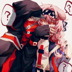 Rule 34 | ?, absurdres, arknights, black hairband, black jacket, black nails, blue bow, bow, braid, commentary request, covering another&#039;s mouth, goldenglow (arknights), grey background, grey hair, hair between eyes, hair bow, hairband, hateful avenger (arknights), highres, hood, hood up, jacket, lightning bolt print, long hair, nail polish, open clothes, open jacket, orange eyes, pink hair, print hairband, red (npc) (arknights), red eyes, shirt, simple background, single braid, spoken question mark, upper body, white shirt, zuiyexiaotongxue