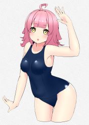 Rule 34 | ahoge, armpits, blue one-piece swimsuit, blush, breasts, collarbone, cropped legs, eyelashes, grey background, hand up, highres, kooei, looking at viewer, love live!, love live! nijigasaki high school idol club, medium breasts, navel, one-piece swimsuit, open mouth, pink hair, salute, school swimsuit, short hair, skindentation, swimsuit, tennoji rina, thighs, yellow eyes
